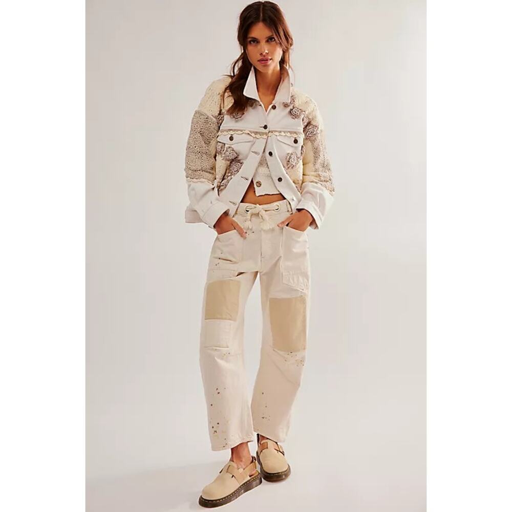 Free People Bali Rare Hearts Dainty Doily Crochet Denim Jacket Ivory Size S NWT